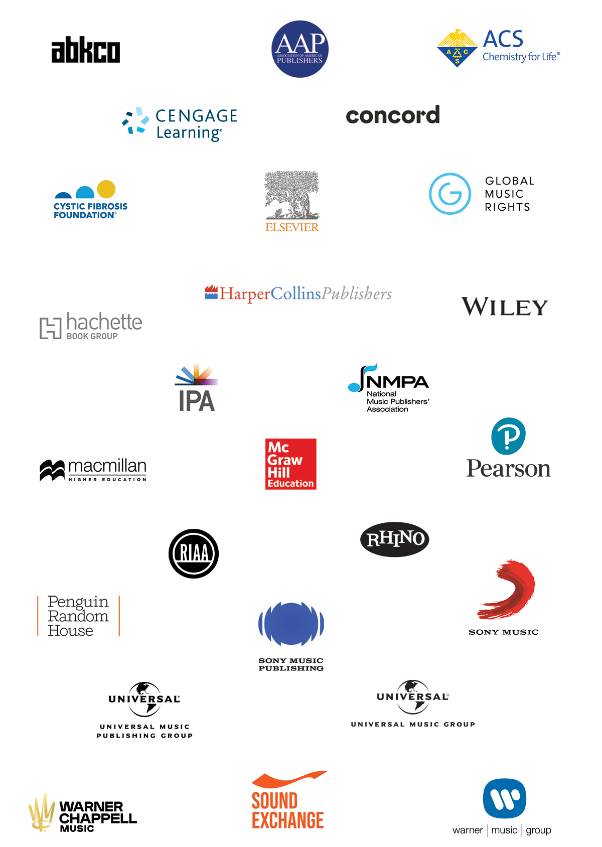 Clients represented by O+Z, logos and logotypes, alphabetically: Abkco Music & Records, American Chemical Society, Association of American Publishers, Cengage Learning, Concord Music Group, Cystic Fibrosis Foundation, Elsevier, Global Music Rights, Hachette Book Group, Harper Collins, Individual Authors, Musicians and Creators, International Publishers Association, John Wiley & Sons, LoopNet, Macmillan Learning, McGraw-Hill Higher Education, National Music Publishers' Association, Pearson Education, Penguin Random House, Recording Industry Association of America, Rhino Entertainment, Sony Music Entertainment, Sony Music Publishing, Sound Exchange, Universal Music Group, Universal Music Publishing Group, Warner Chappell, Warner Music Group